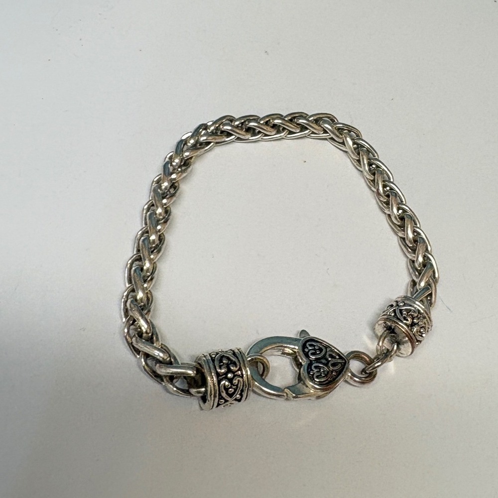 Silver Tone Wheat Chain Heart Clasp Scrollwork Bracelet 6.75 Inch J149